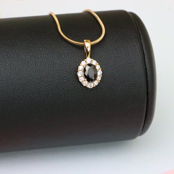 "Black Oval Pendant with Sparkling Halo in Gold-Plated Brass Setting, XPPT1814 - Picture 6 of 13